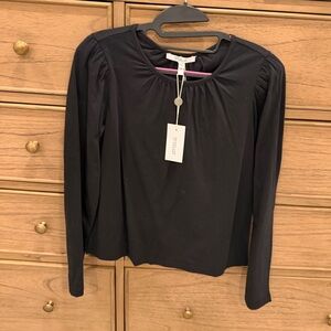 Derek Lam Black Long-Sleeve Gathered Crew Neck Top